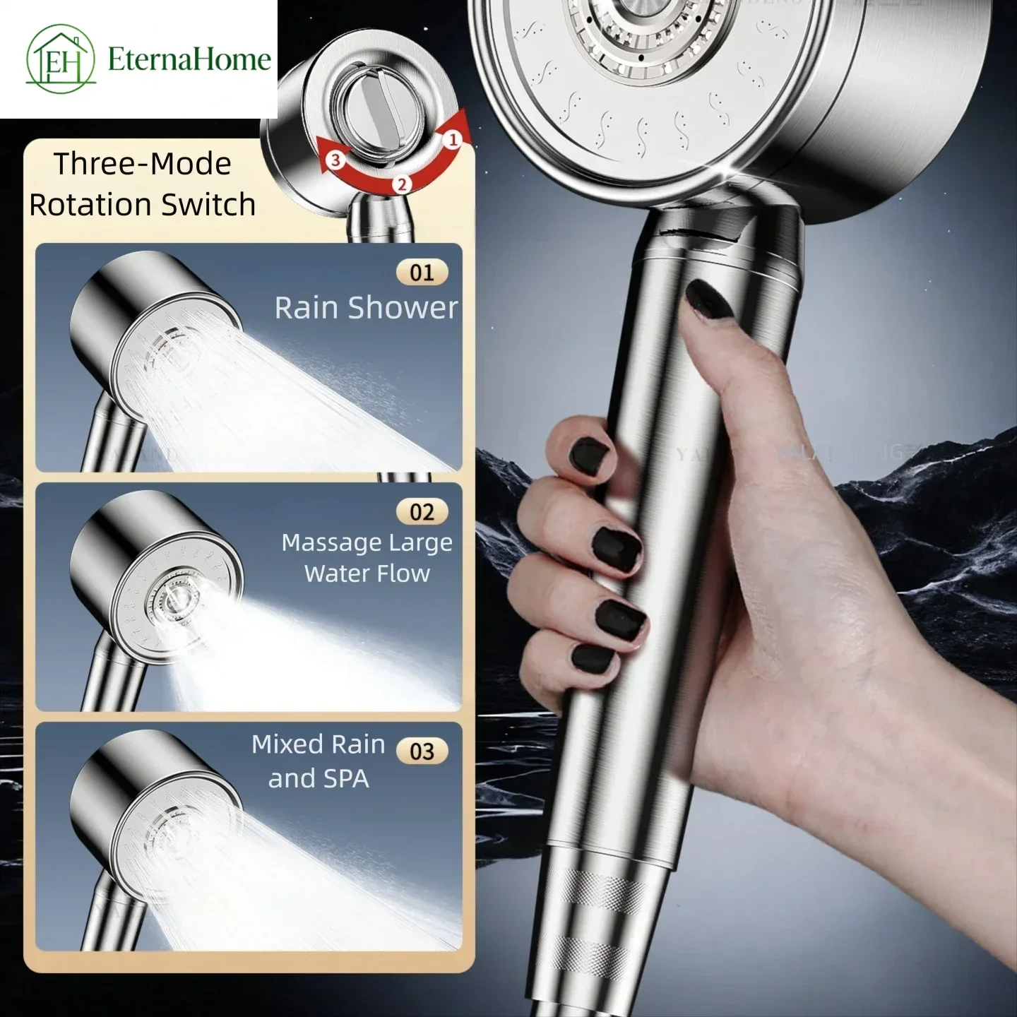 New 304 Stainless Steel Drop Resistant 3 Mode Adjustable High Pressure Boost Shower Head Household Bathroom Shower Accessory