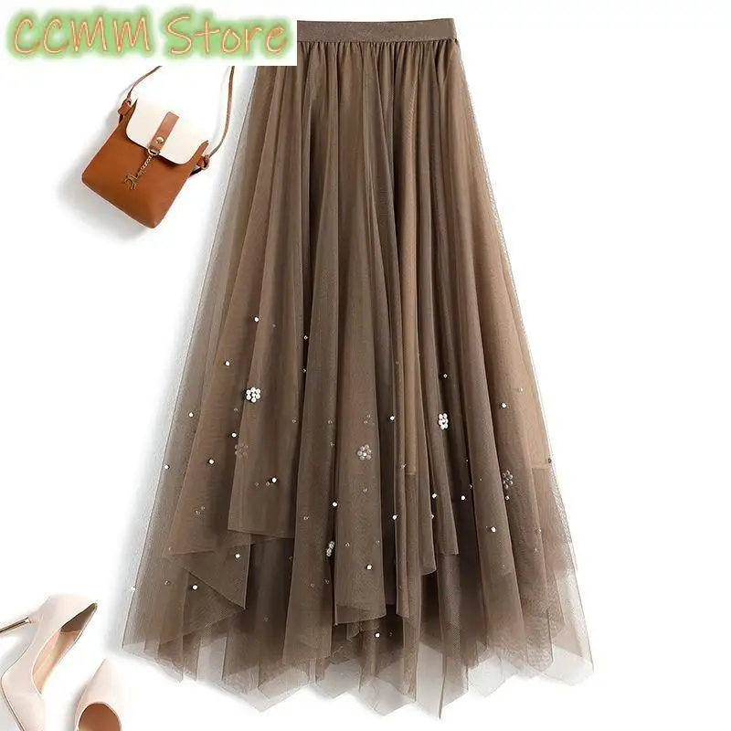 

Sweet Elastic Irregular Gauze Beading Skirts Female Clothing Summer New Loose Solid Color High Waist Asymmetrical Skirts