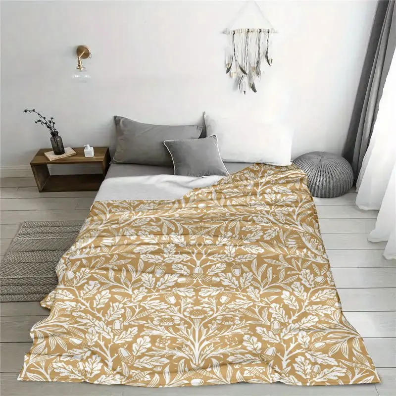 Farmhouse Botanical Throw Blanket Warm Gold Tone Leaf Acorn Floral Art Print Soft Flannel for Kids Room Sofa Lap Cozy Decor Gift