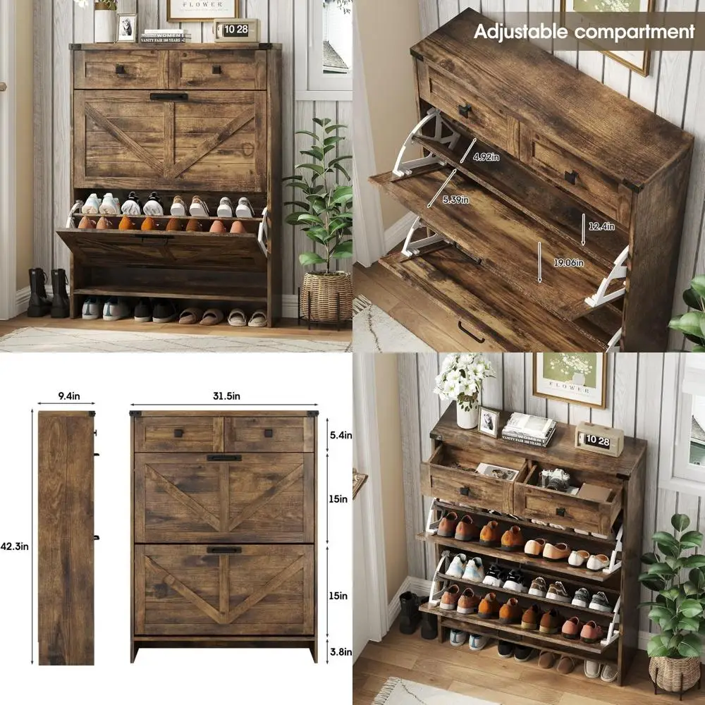 

rustic double-flip drawer shoe cabinet for entryway storage and slim vertical organizer rack
