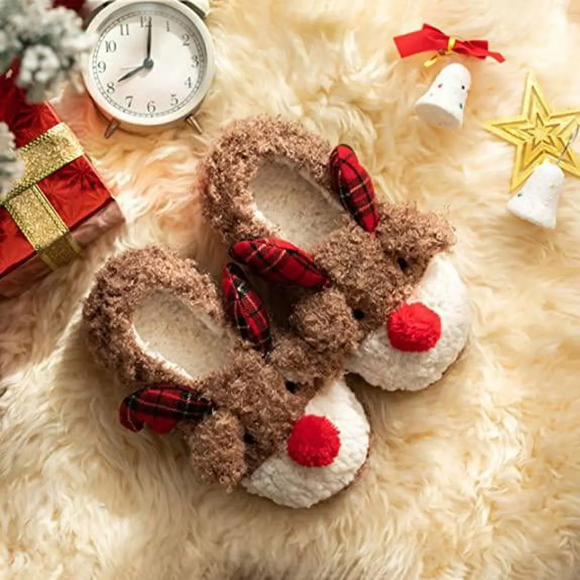 Women'S Cute Reindeer Slippers Plush Soft Warm Home Indoor Shoes Fluffy Cotton Anti Slip Slippers Cotton Postpartum Shoes New