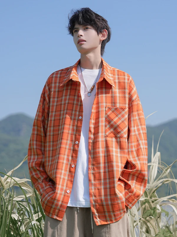 

Мужская летняя повседневная рубашка-кардиган свободного кроя в оранжевую клетку в американском стиле