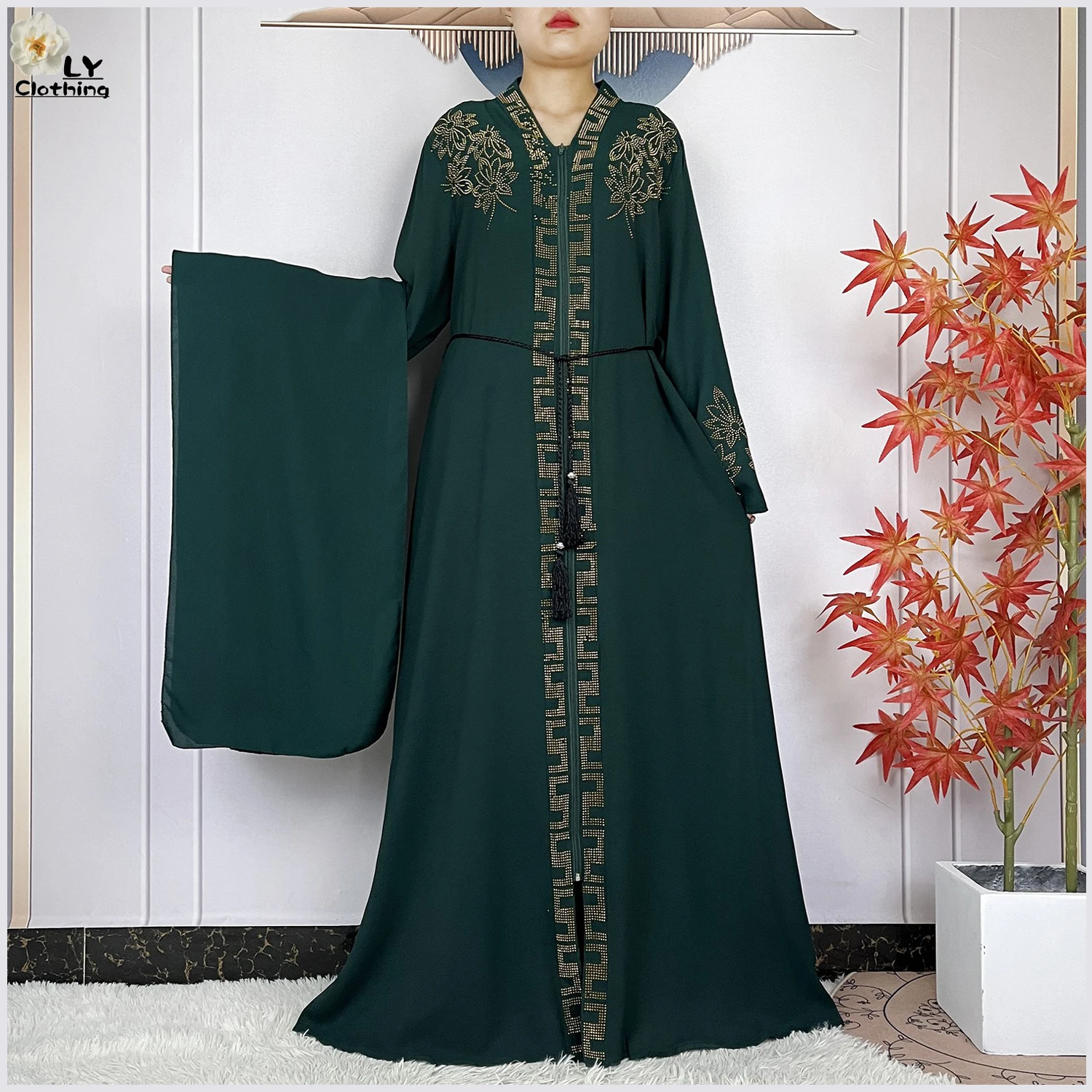 New African Abaya Muslim For Women Elegant Dress Chiffon Open Chains Loose Fit Femme Robe Islam Dubai Party Dresses With Turban