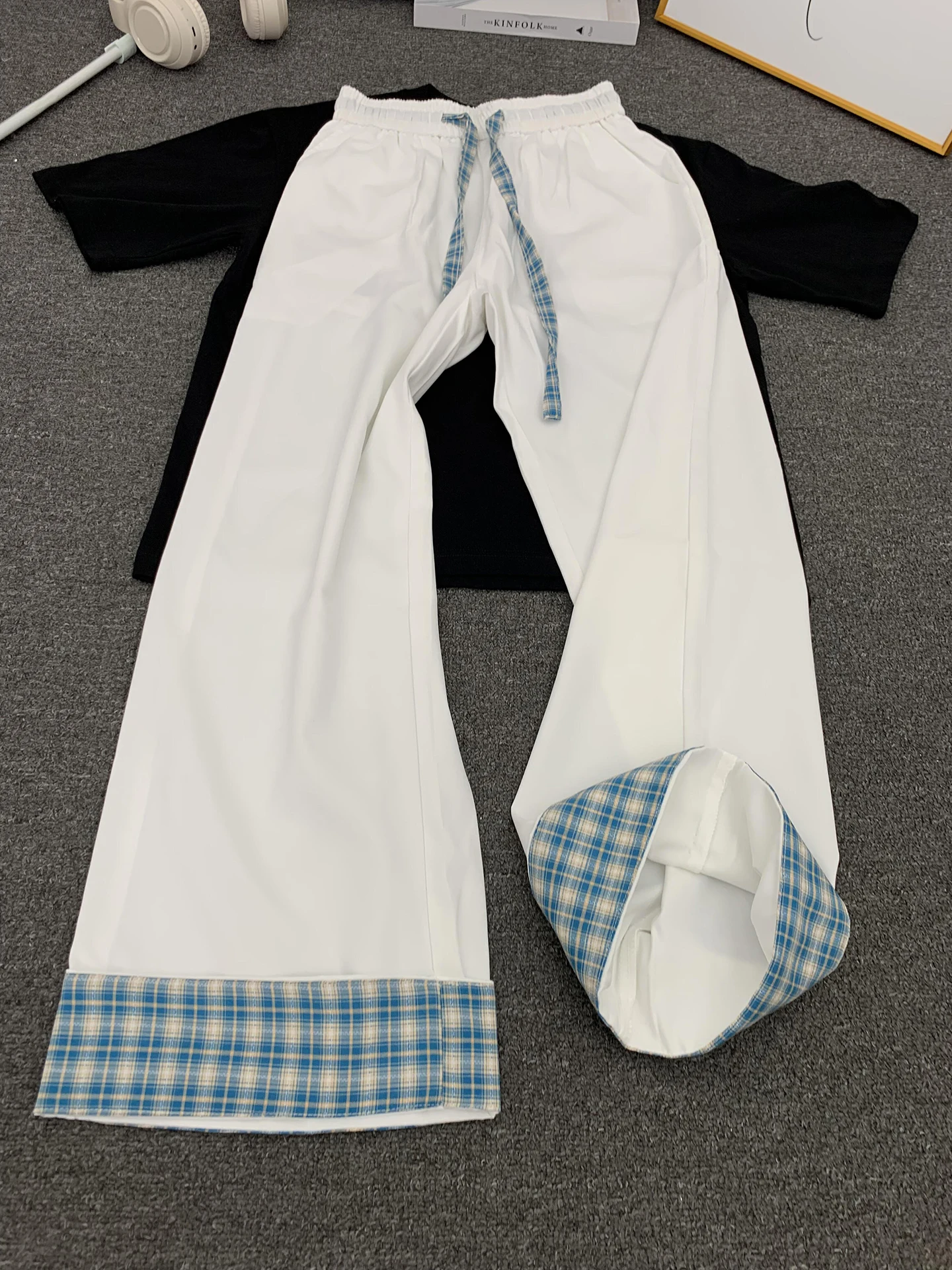 

White Plaid Patchwork Wide Leg Pants Men's Sle Autumn Lazy Drapey Straight Cut Trousers Cleanfit Casual Loose Fit Jeans