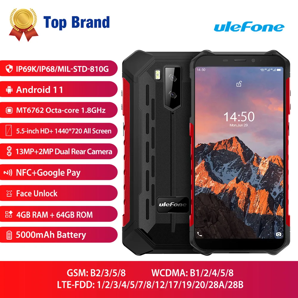 Смартфон Ulefone Armor X5 Pro защищенный, 4 + 64 ГБ, Android 11,0, 5000 мА · ч, NFC, 4G, LTE