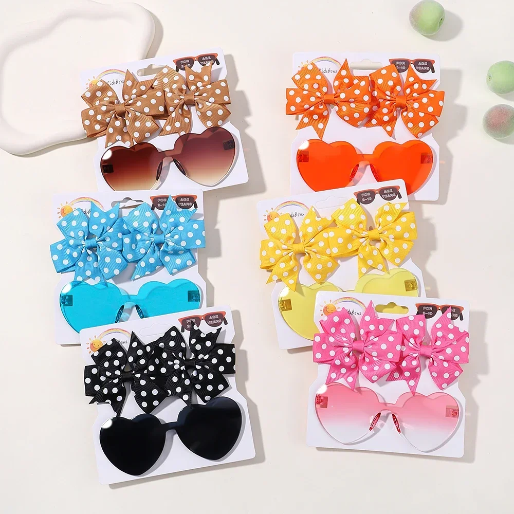 Kid's Sun Glasses Set, Solid Dot Hairpin, Bowknot Clips de cabelo, Infantil Boutique Acessórios, Meninas, 3pcs