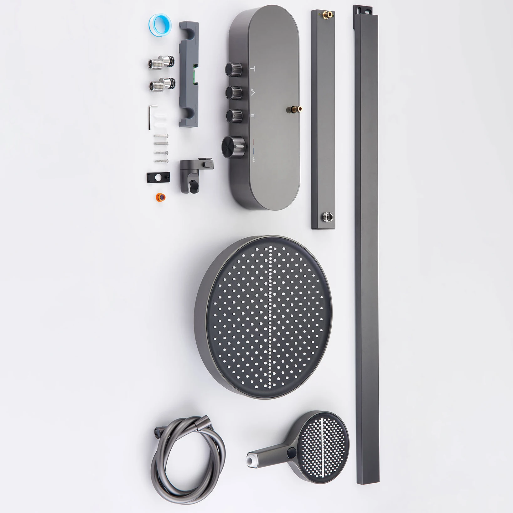 Set Pancuran Kamar Mandi Air Terjun Sistem Pancuran Kamar Mandi Panas Dingin Abu-abu Senducs 4 Fungsi Kepala Pancuran Curah Hujan Keran Kamar Mandi Kuningan