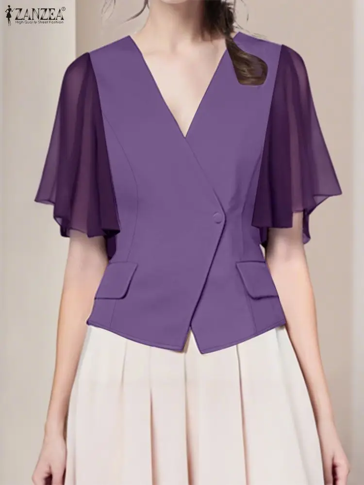 

Stylish Office Shirt ZANZEA Women Blouse 2025 Elegant V Neck OL Work Shirt Summer Fashion Patchwork Half Sleeve Tops Mujer Femme