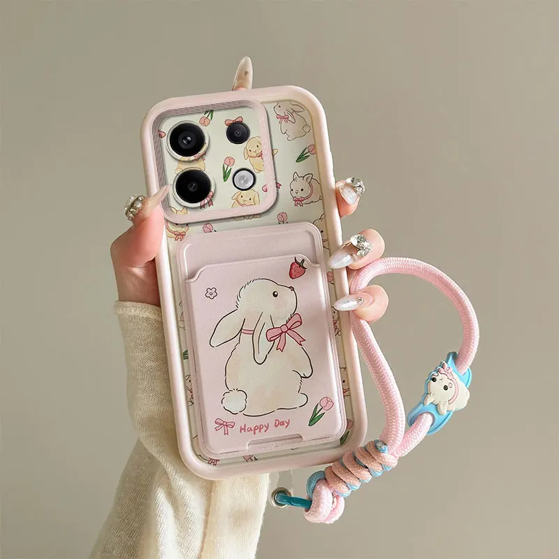 Cartoon Kuromi Card Slot Bag Phone Case for Xiaomi Redmi Note 13 Pro 12 11S 10 10T 10S 9A 9AT 9T A3x Cute Dog Strap Wallet Cover