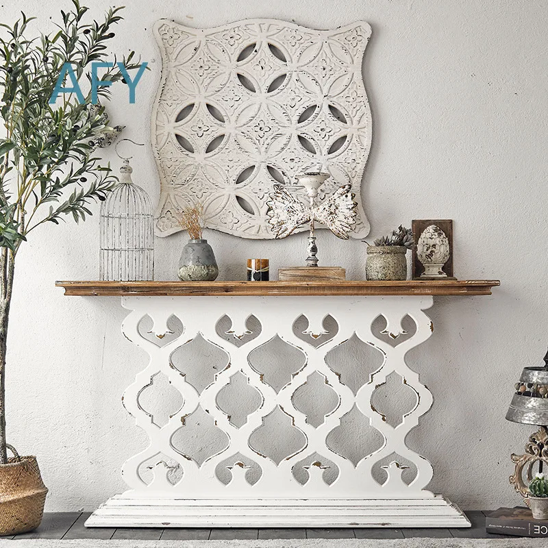 Rustic American Vintage Entryway Shelf for Decorative Hallway Side Table with Carved Details Aged Finish for Home Decor and