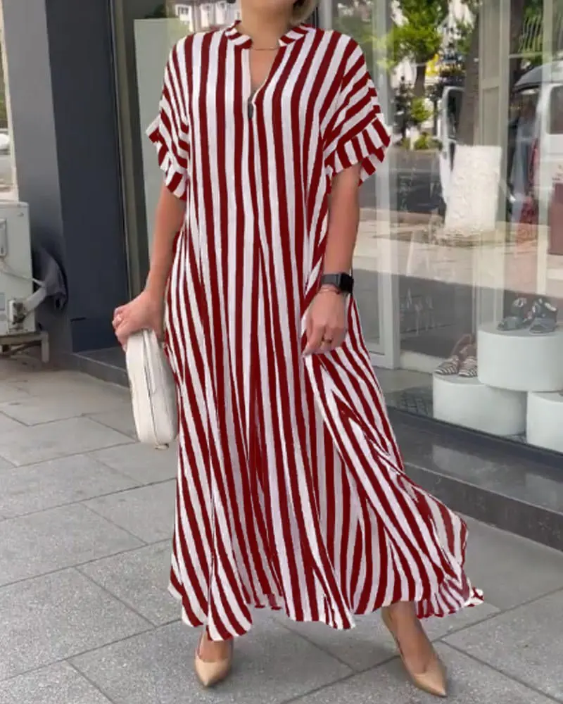 2024 AliExpress Europa i Ameryka Plus Size Damska transgraniczna letnia nowa dostawa Split Casual Stripe Sukienka z krótkim rękawem