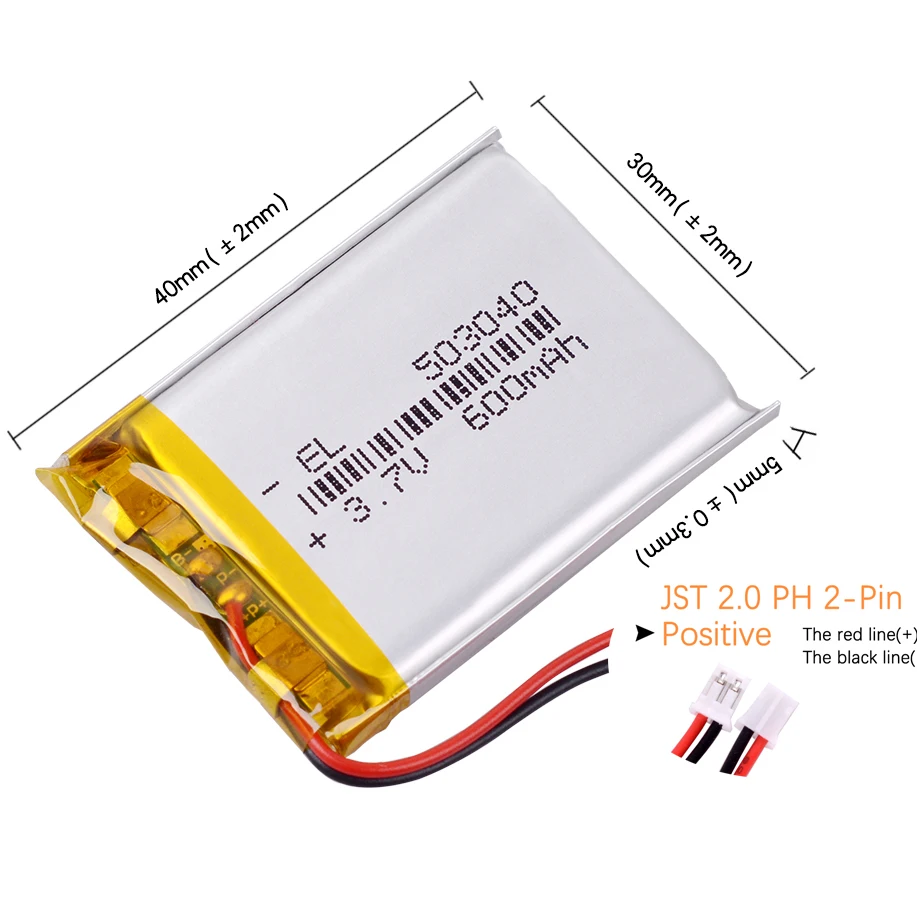 1/5Pcs Silicone Wires 503040 3.7V 600mAh Lipo Lithium Polymer Rechargeable battery JST 2.0mm 2Pin