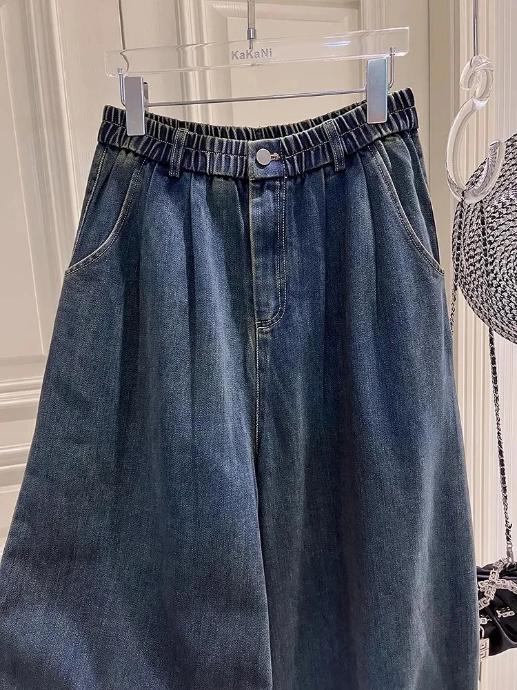 Plus size 5xl 140kg verão outono tornozelo comprimento calças elásticas wasit perna larga jeans para mulher tamanho grande jeans de grandes dimensões