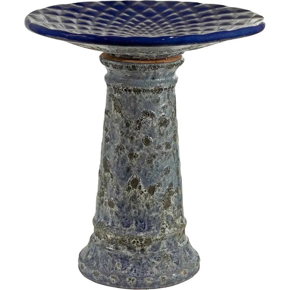 

Rennes Outdoor Ceramic Bird Bath, 22.5 H - UV- and Frost-Resistant, Glazed Bowl with Blue Lava Finish
