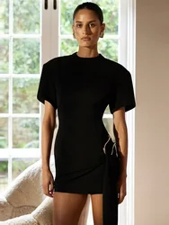 Chaxiaoa Short Sleeve Draped Sexy Mini Dress for Women Black Metal Buckle O Neck High Waist Bodycon Club Dress Vestido Clothes