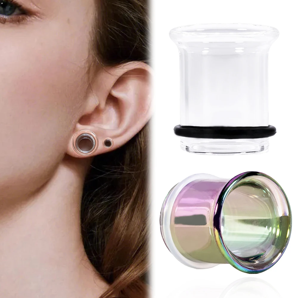 2pcs Glass Ear Gauges Plugs Tunnels Clear Rainbow Single Flared Saddle with O-Rings 6-16mm Ear Stretcher Expander Body Jewelry