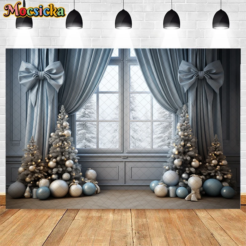 Mocsicka Winter Christmas Window Photography Backdrop Xmas Tree Gift Box Bow Decor Family Portrait Photo Background Banner