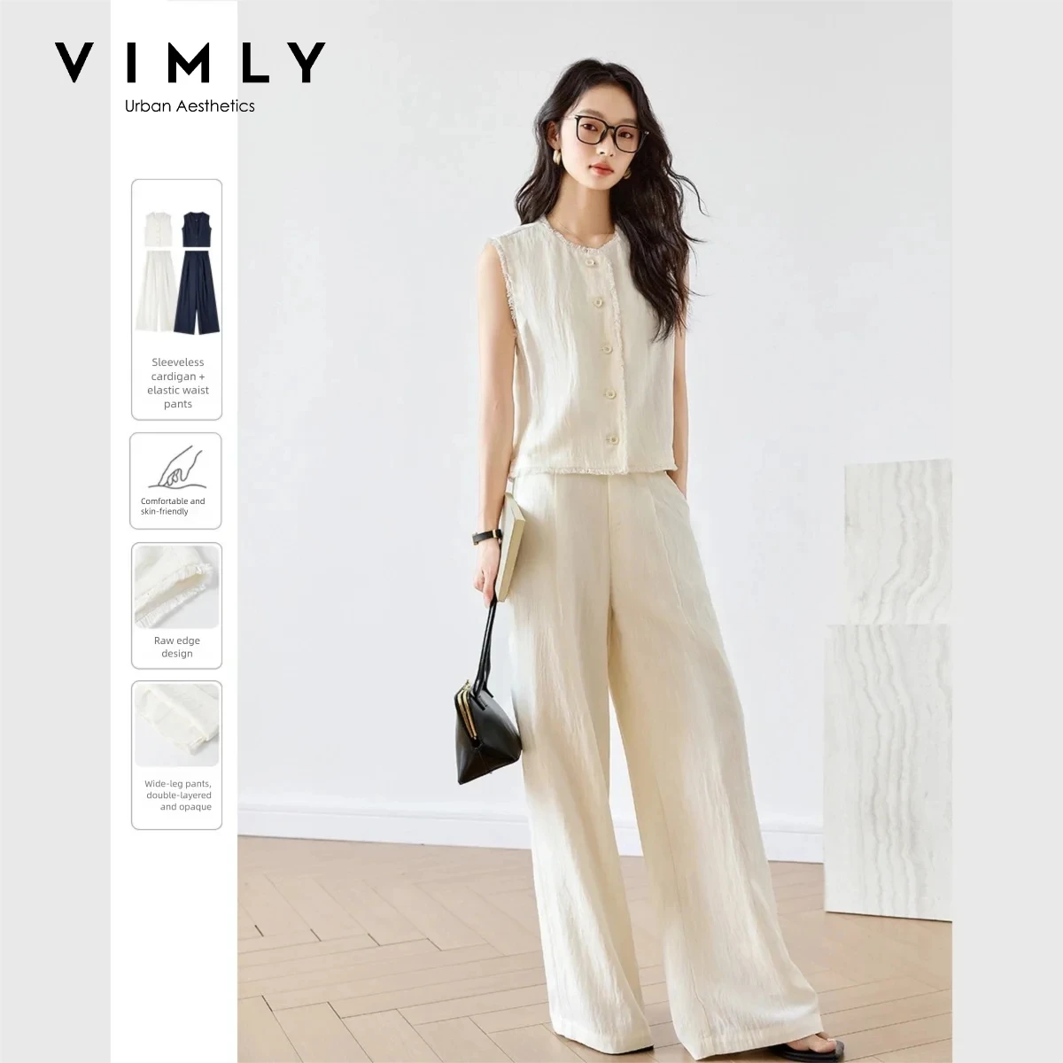 VIMLY Apricot Vest Pants Two Piece Set Women 2026 Open Front Sleeveless Tops Wide-leg Pants New Summer Minimalist Outfit M9611
