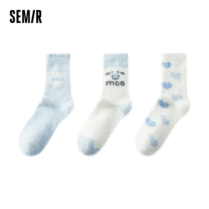 Semir Socks Women Cute Cartoon Fluffy Home Sleeping Floor Socks Antibacterial Warm Mid-calf Socks 3-pair Set