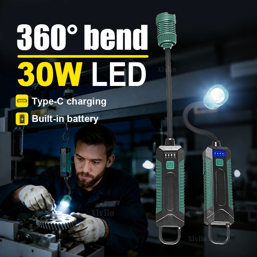 LED Work Light Telescopic Zoom Rechargeable Flashlight with 360° Swivel Hose,Magnet & Hook Outdoor Emergency Lighting Car Repair