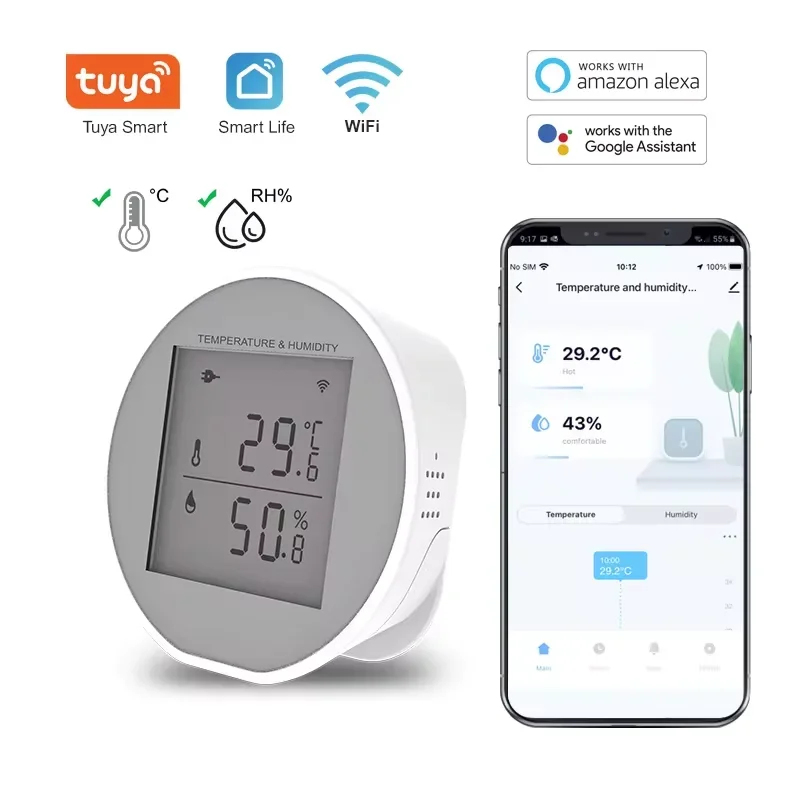 

Tuya Wi-Fi датчик температуры и влажности ЖК-цифровой дисплей термометр датчик 55 дБ звуковая сигнализация поддержка USB или питание от батареи