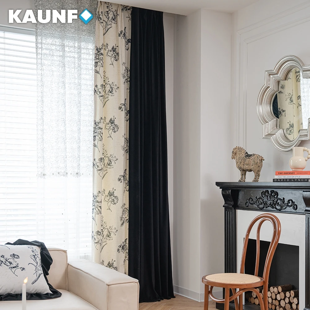 KAUNFO European Style Splicing Curtain Printed Floral Window Curtain Black Curtain Panel for Living Room Bedroom 1PC