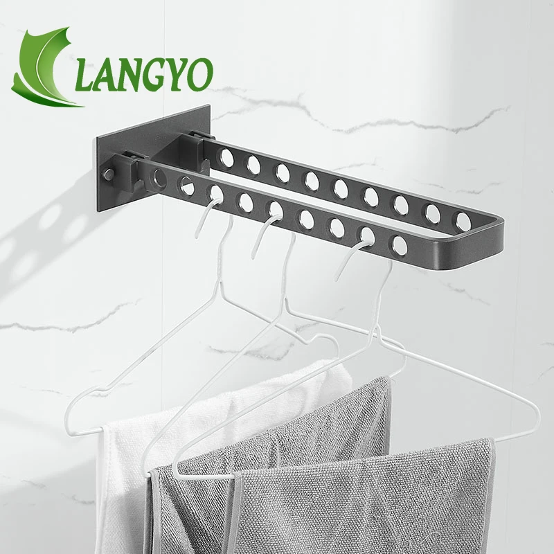 LANGYO Black/White/Gray Wall Mounted 18 Holes Aluminum Clothes Hanger Clothes Hook Foldable Clothes Rack Bathroom Accessories