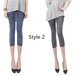 Donne della Molla di Estate calda Casual Senza Soluzione di Continuità Imitazione Cowboy Stampato Leggings Stretch Skinny Crea al Polpaccio Leggings Pantaloni Mezzi