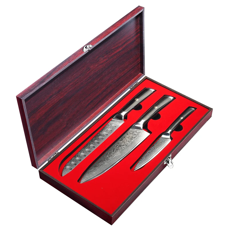 Professional Chef's Knives Set Wooden Gift Box Packed High Carbon Damascus Steel Utility Slicing Paring Kitchen Tools Cutter