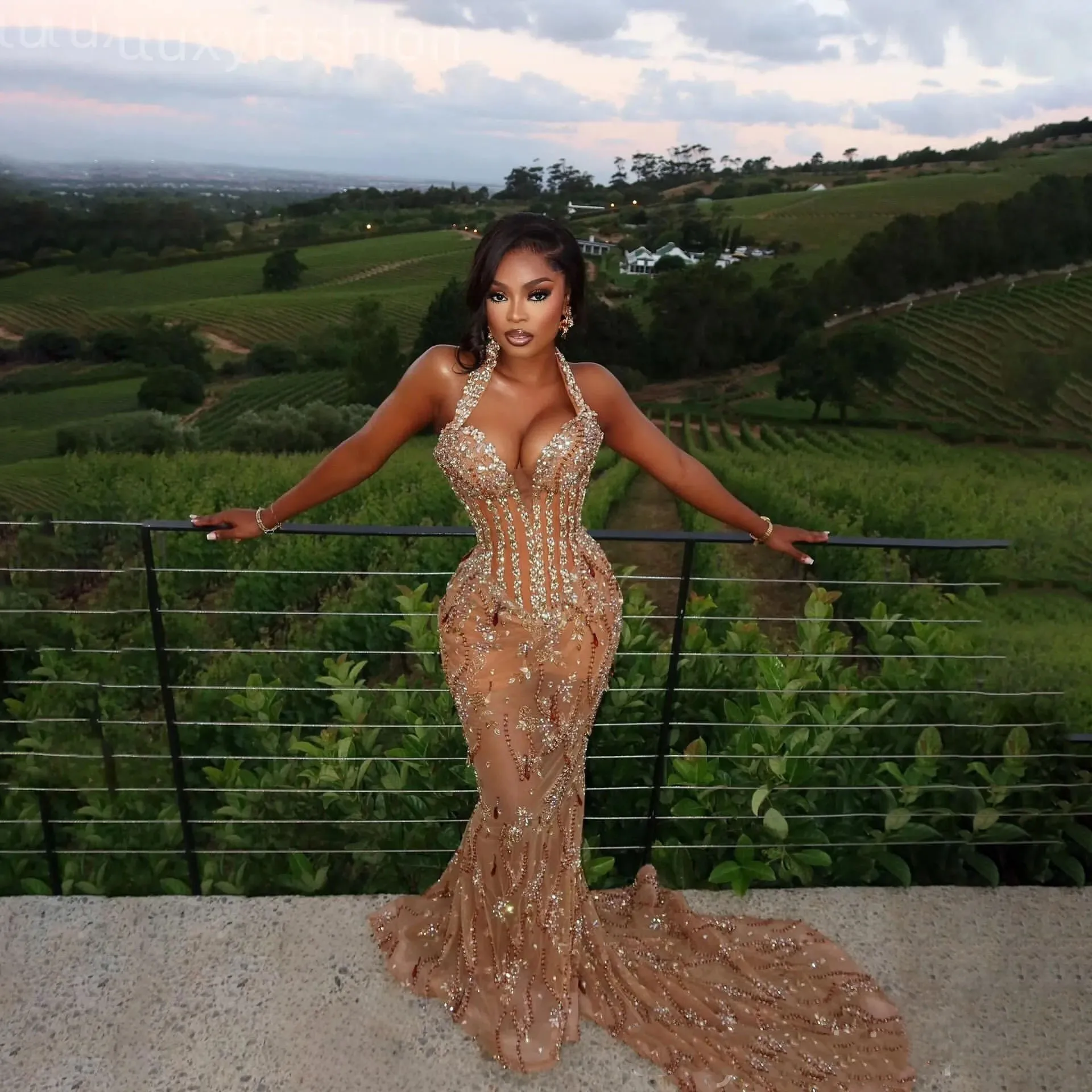 

Вечерние платья Aso Ebi цвета шампань в стиле русалка с бретелью через шею, расшитые бисером и кристаллами, прозрачные, для выпускного вечера, торжественных мероприятий, дня рождения, помолвки