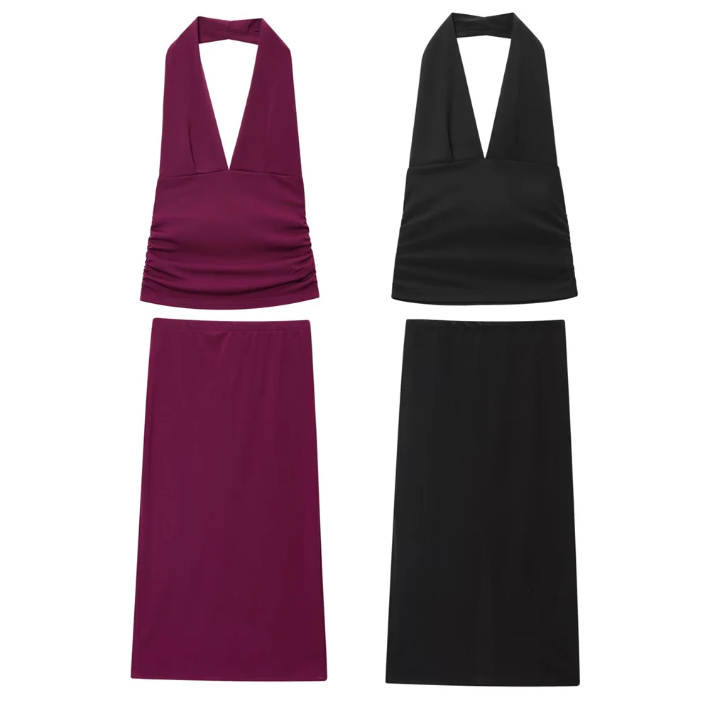 

BMURHMZA женский модный и сексуальный плиссированный топ с подвесным воротником, новая летняя эластичная группа миди половины тела