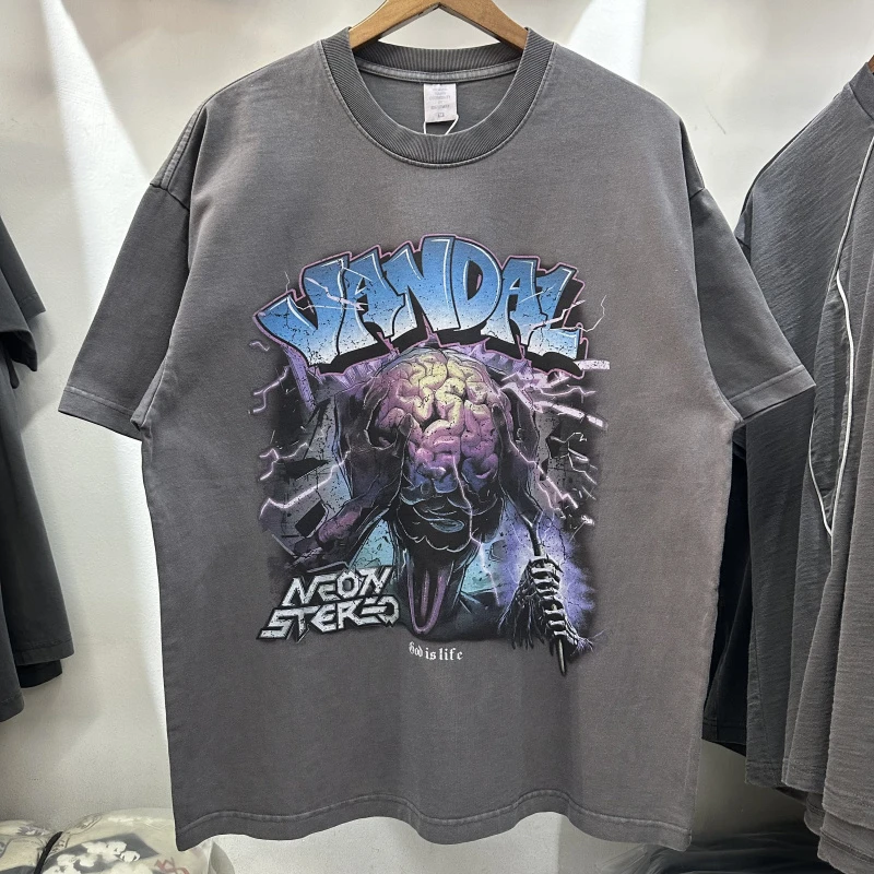 

Ретро-футболка в американском стиле с принтом, круглым вырезом и коротким рукавом, оверсайз, мужская, свободного кроя, из чистого хлопка, молодежная, летняя, модная.