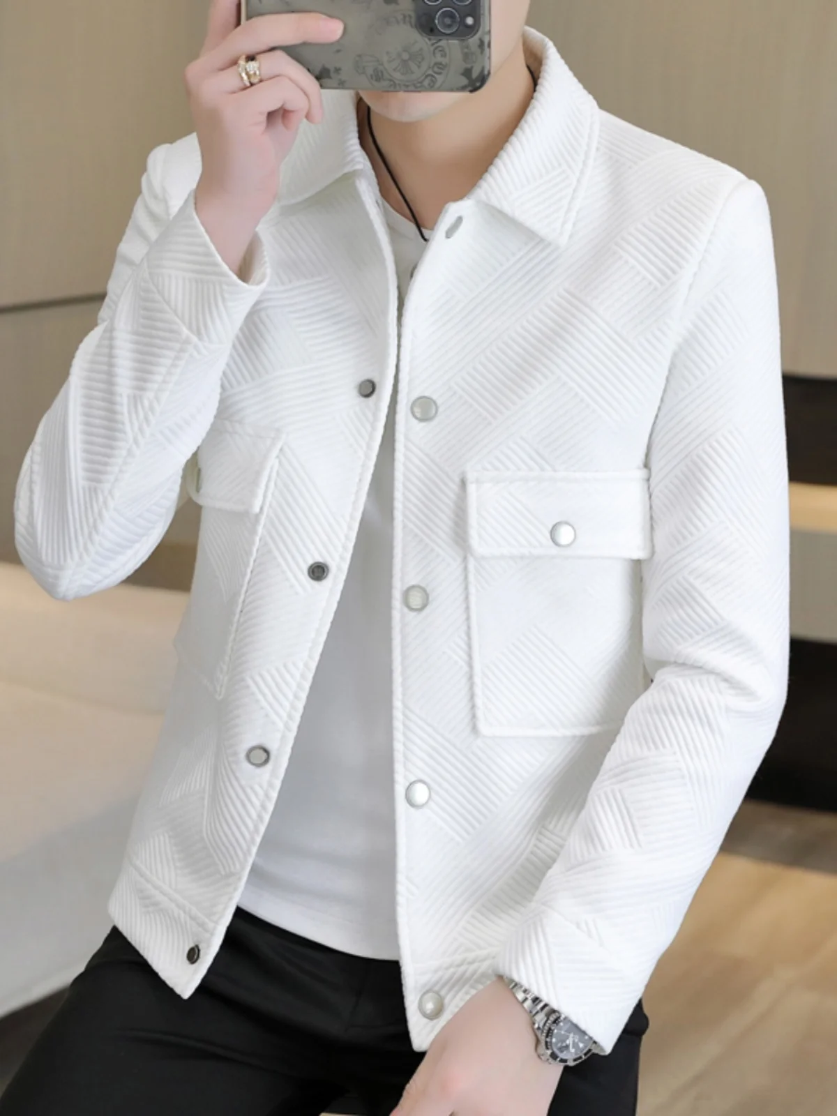 

Мужская осенне-зимняя куртка в клетку, однотонная, с воротником-стойкой, высококачественная, молодежная, модная, из полиэфирного волокна, с длинными рукавами