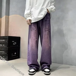 남성용 보라색 와이드 청바지, 힙합 데님 바지, 빈티지 캐주얼 바지, 스트리트웨어, 오버사이즈 하의, 남성 Y2K 의류, 인스 패션