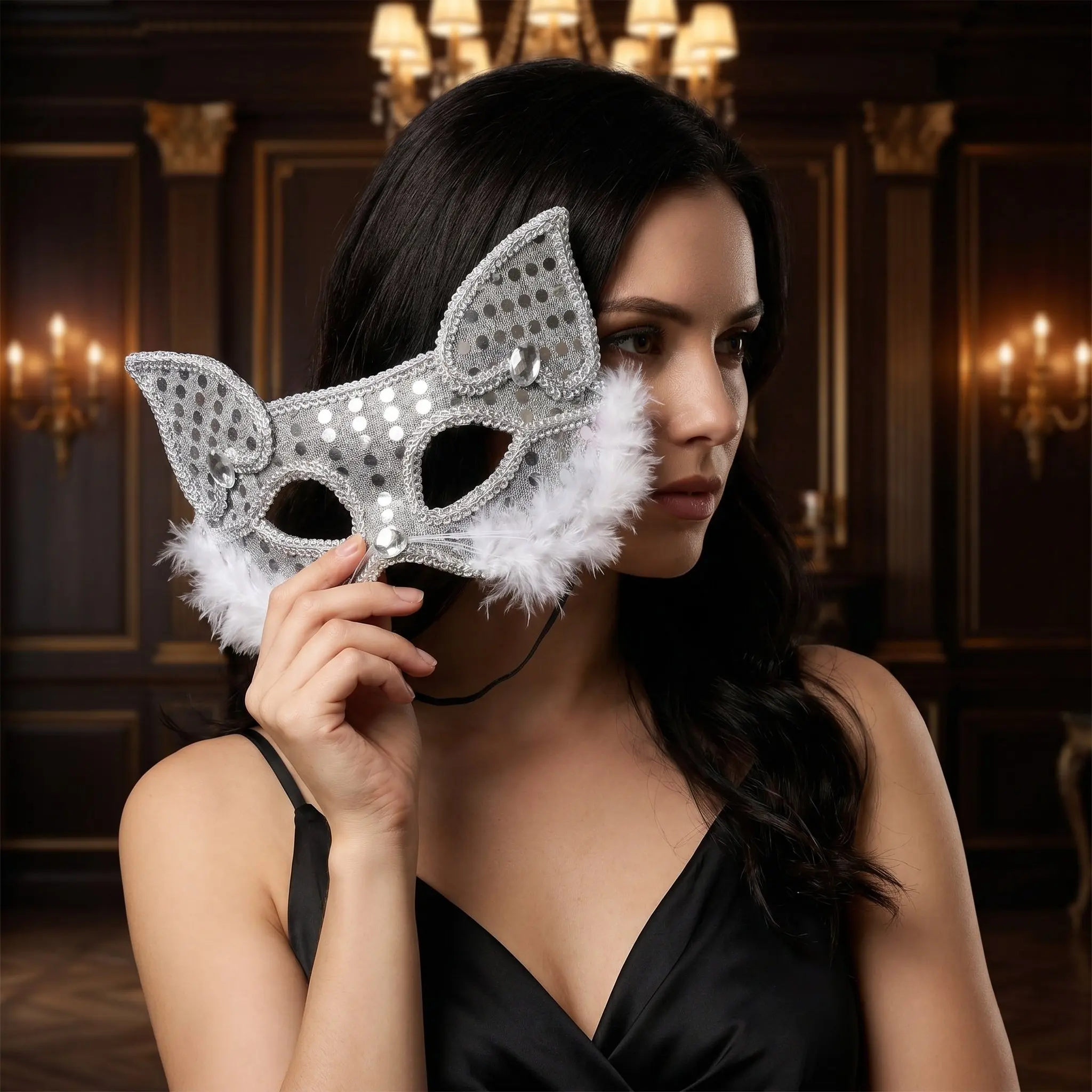 1pc White Cat Mask Lace Cutouts Fox Half Mask Masquerade Carnival Costume Accessory For Venetian Halloween Cosplay Props