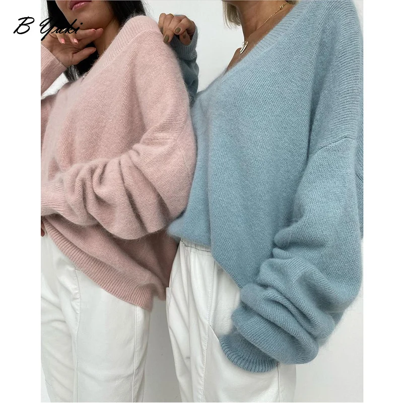 Blessyuki Soft Cashmere Sweater Women 2023 New Casual Loose V-Neck Basic Knitted Pullovers Female Korean Simple Lazy Jumper Tops