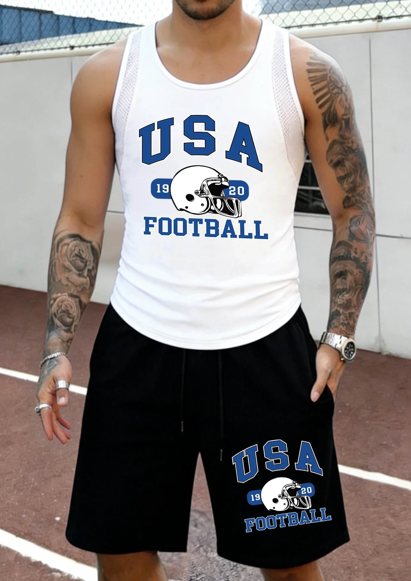

Usa 1920 Football Printed Mens Summer Mesh Casual Sleeveless Sets Comfy Gym Tank Top Daily Drawstring Bottom Retro Sportpants