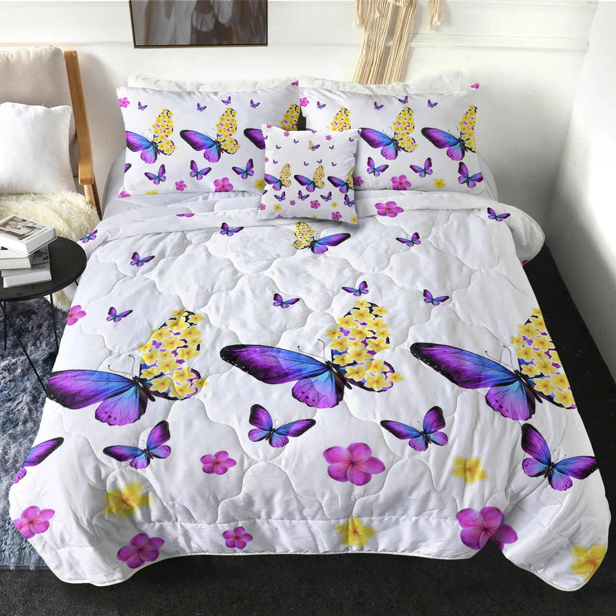 

Purple Butterfly with Small Flowers Printed Quilt Set with Two Pillowcases and One Cushion Cover Bedroom Decor