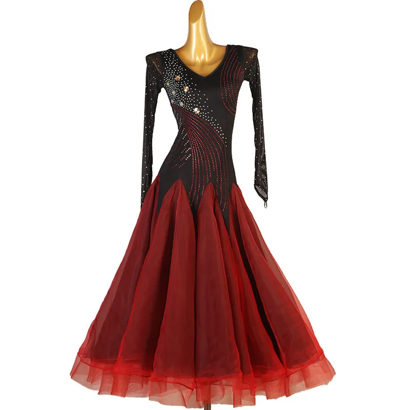V‑neck long sleeve big swing dance dress with streamline radial rhinestone ornament and color‑spliced full skirt,suitable for ba