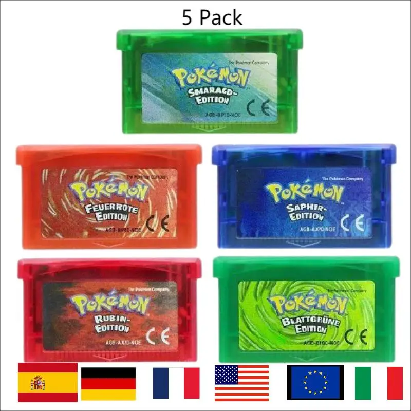 Cartuccia per videogiochi Pokemon serie GBA, scheda console a 32 bit, smeraldo, rubino, zaffiro foglia verde, multilingue