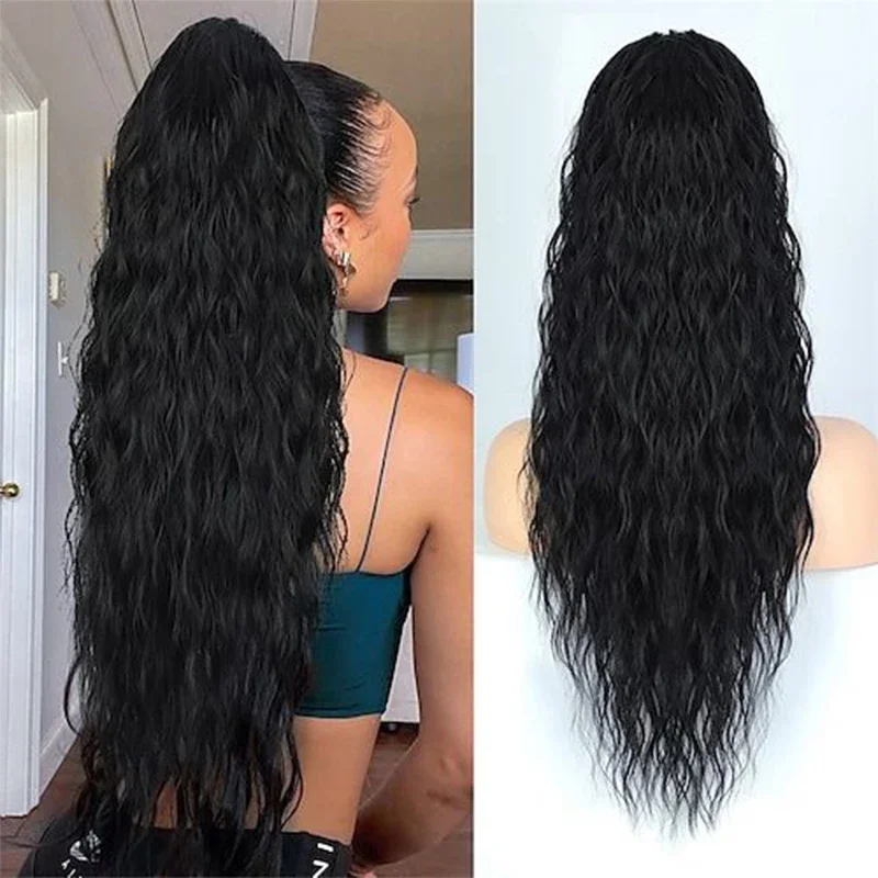 Extensão sintética do cabelo do rabo de cavalo da onda da água para mulheres, grampo do cordão, preto, longo, natural, falso, 26"