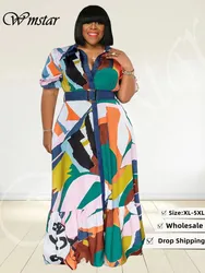 Wmstar-Vestidos femininos plus size, roupas de verão, botão, manga curta, patchwork de impressão, elegante vestido maxi, atacado, Dropshipping