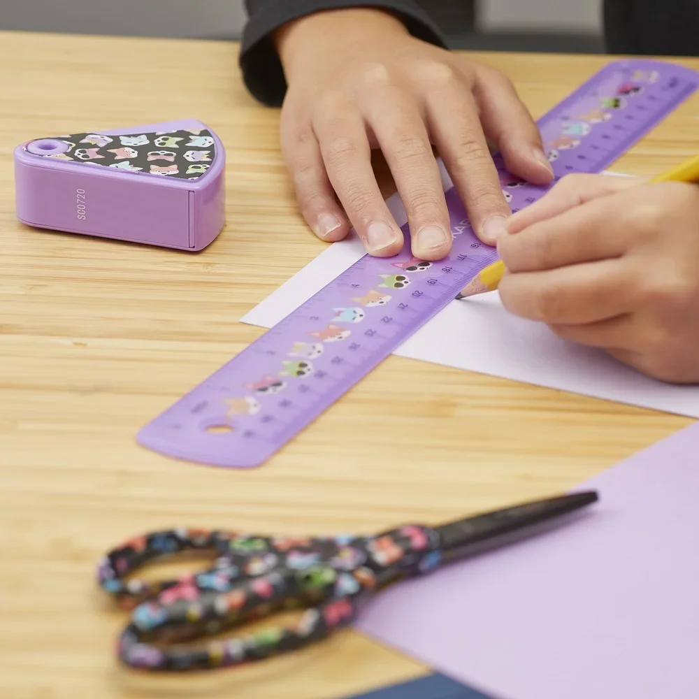 3 조각 어린이 가위 눈금자 깎이 세트 교실 필수품 비 스틱 안전 블레이드 재미있는 여우 디자인 완벽한 어린이