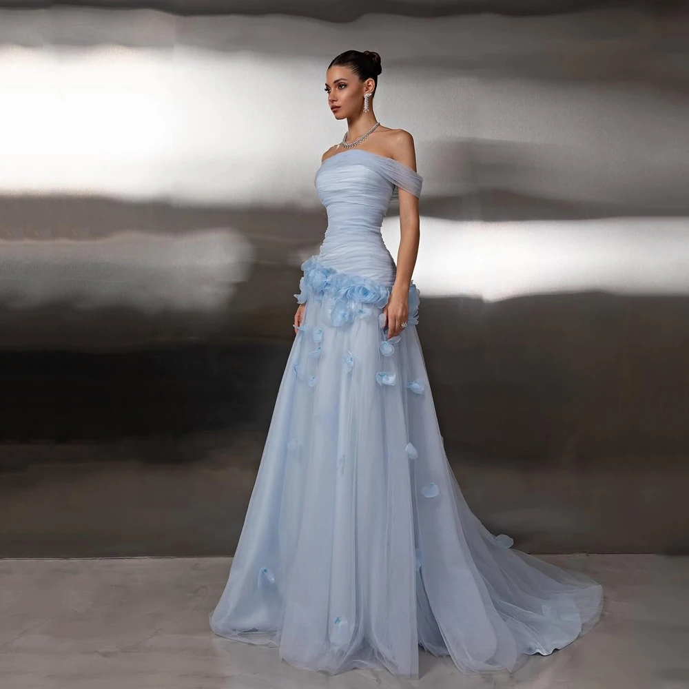 

Flowers Evening Dresses Off Shoulder A-Line Pleat Vestido Elegantes De Fiesta Sweep Train Formal Occasion Dress Customized