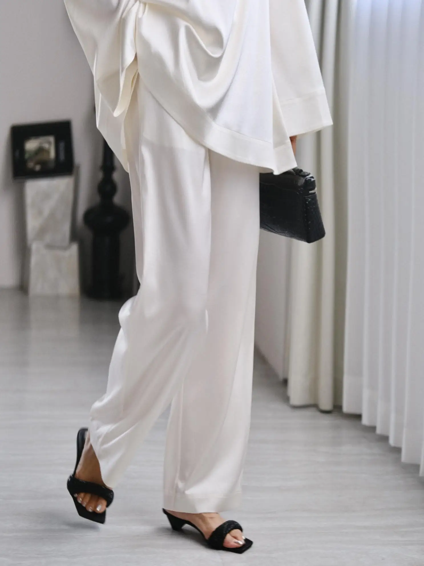 

Silk Wide Leg Pants TOFOD"Flowing Gem"Heavyweight Silk Satin Waist Elastic Casual Pants Women Straight Cut Loose Fit Summer
