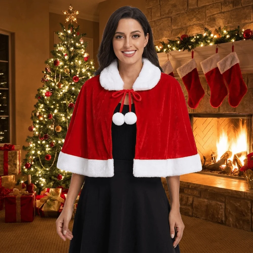 Fashion Polyester Christmas Cloak Thick Warm Women Ponchos Cosplay Costume Windproof Santa Claus Costume