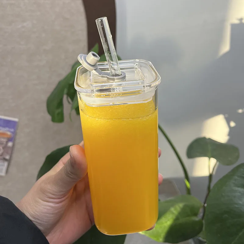 YWDL Heat Resistant Coffee Glass Cup With Lid and Straw Square Transparent Milk Tea Juice Cups Coffee Mug For Home Bar Drinkware