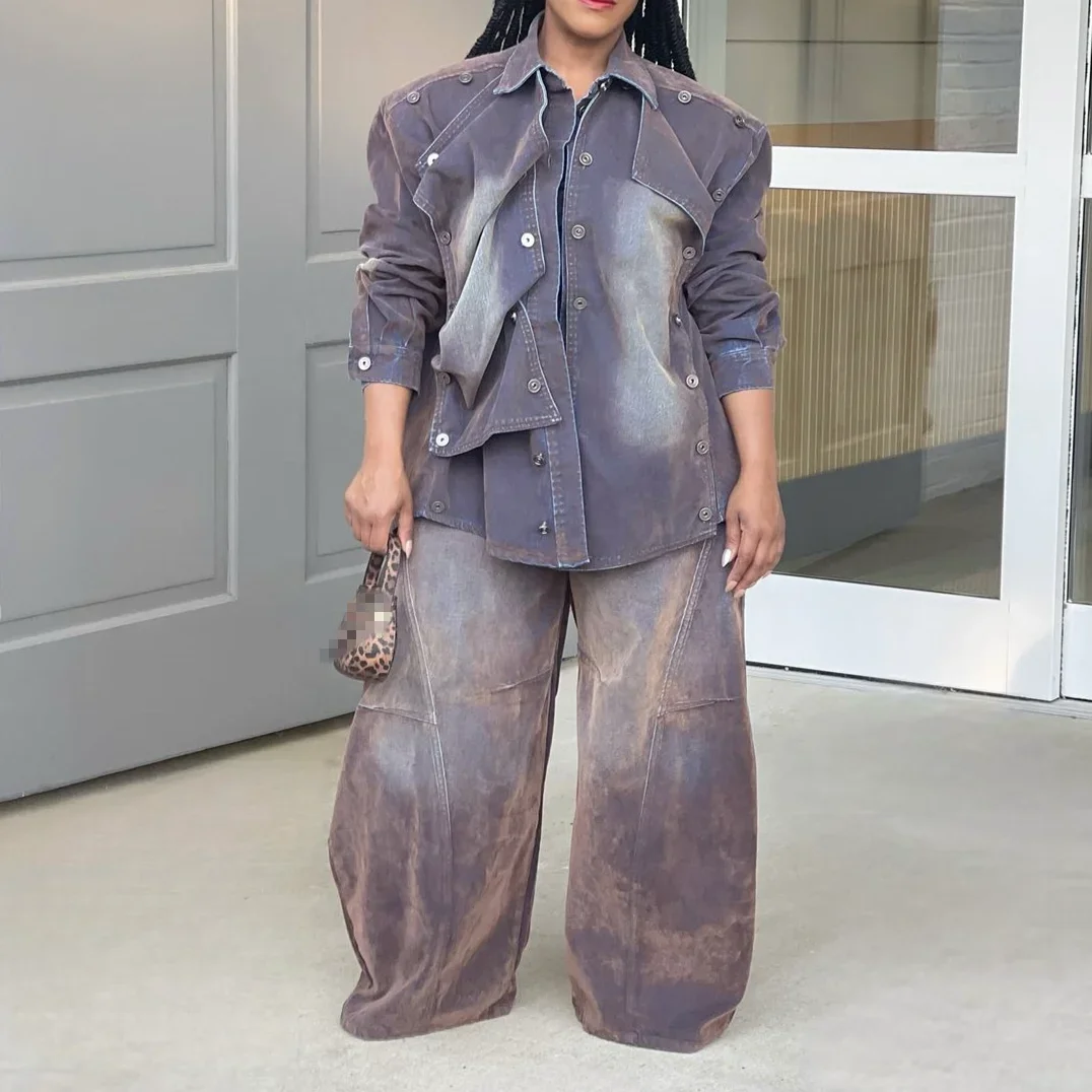 

New Unique Casual Fashion Fall Winter Lady Button Washed Cargo Denim Jeans Top Two Piece Pants Set Matching Sets Women'S Sets