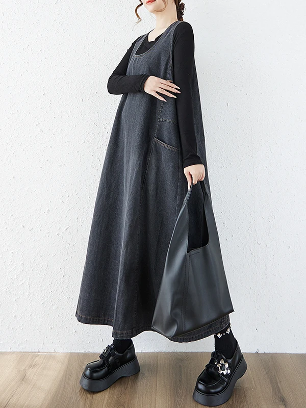 Artistic Loose Long Denim Vest Dress Women's Autumn Winter New Style Age Reduction Versatile Dress Casual round Neck Short Sl...
