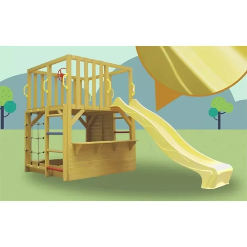 Kids Wooden Outdoor Cubby House and Slide with Climbing Net/Wall for 4-6 Kids-Hanlin Brand